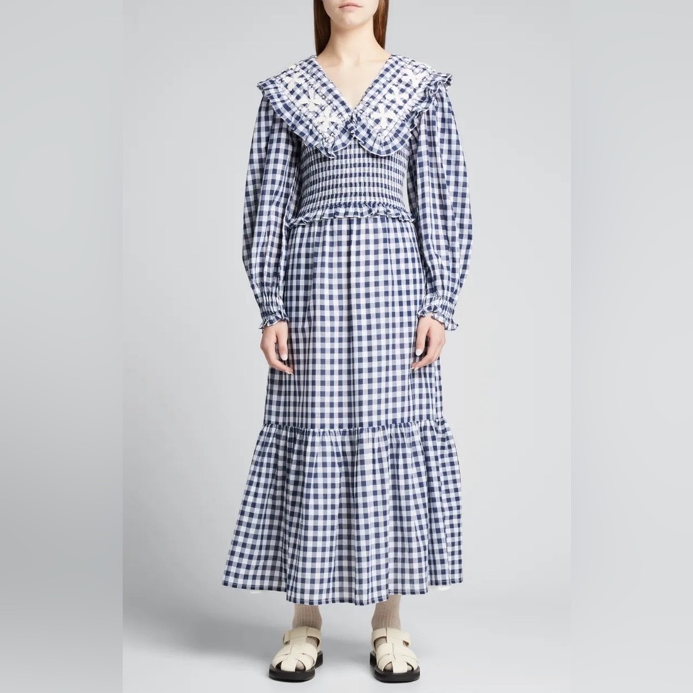 NWOT SEA Gingham Smocked Ruffle Collar Cottagecore Maxi Dress Size XS